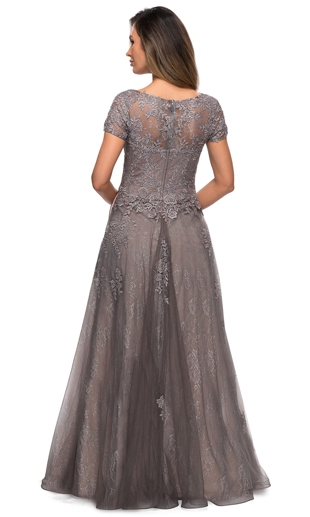 La Femme - 28091 Floral Lace Tulle Gown In Silver and Gray