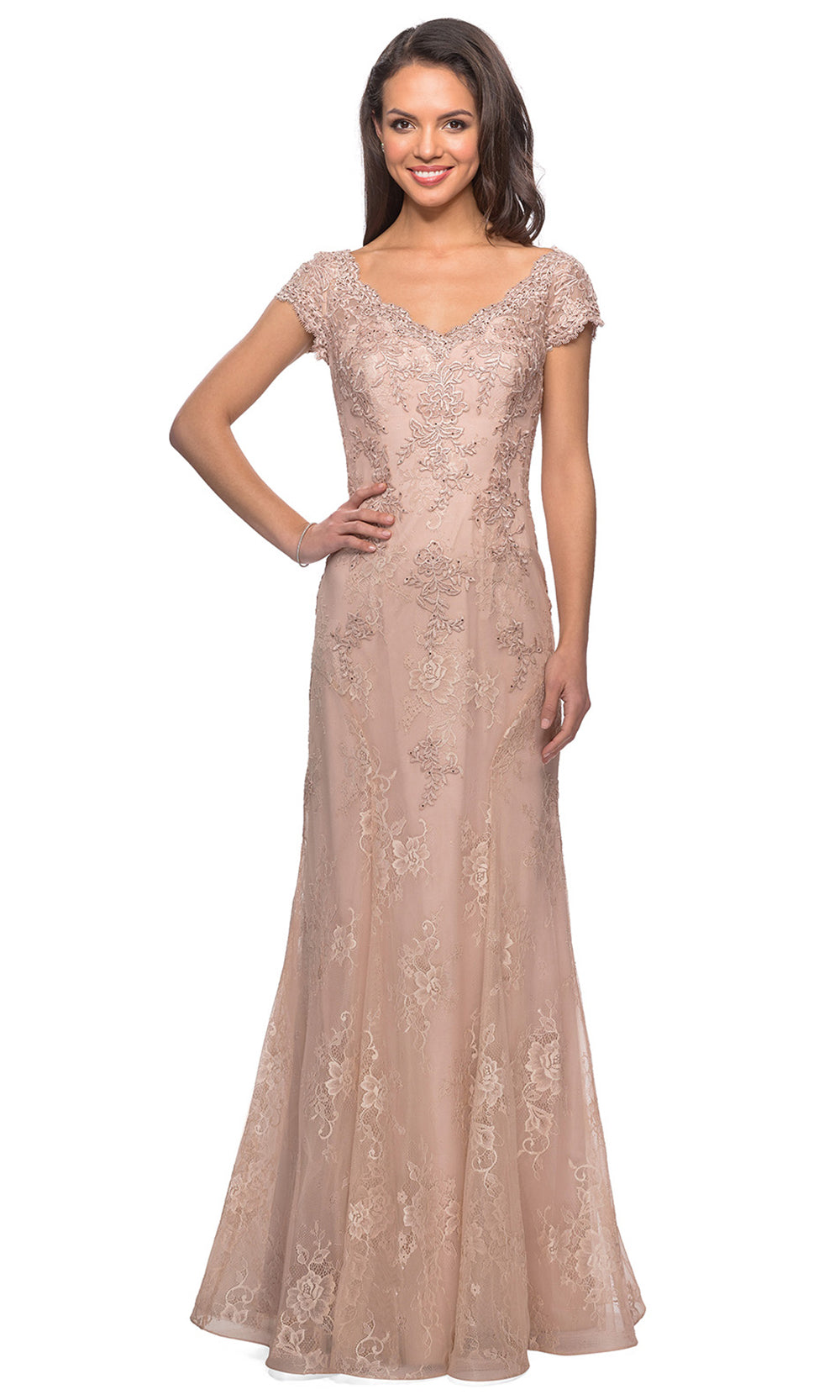 La Femme - 28099 Crystal Beaded Lace Trumpet Formal Dress In Pink