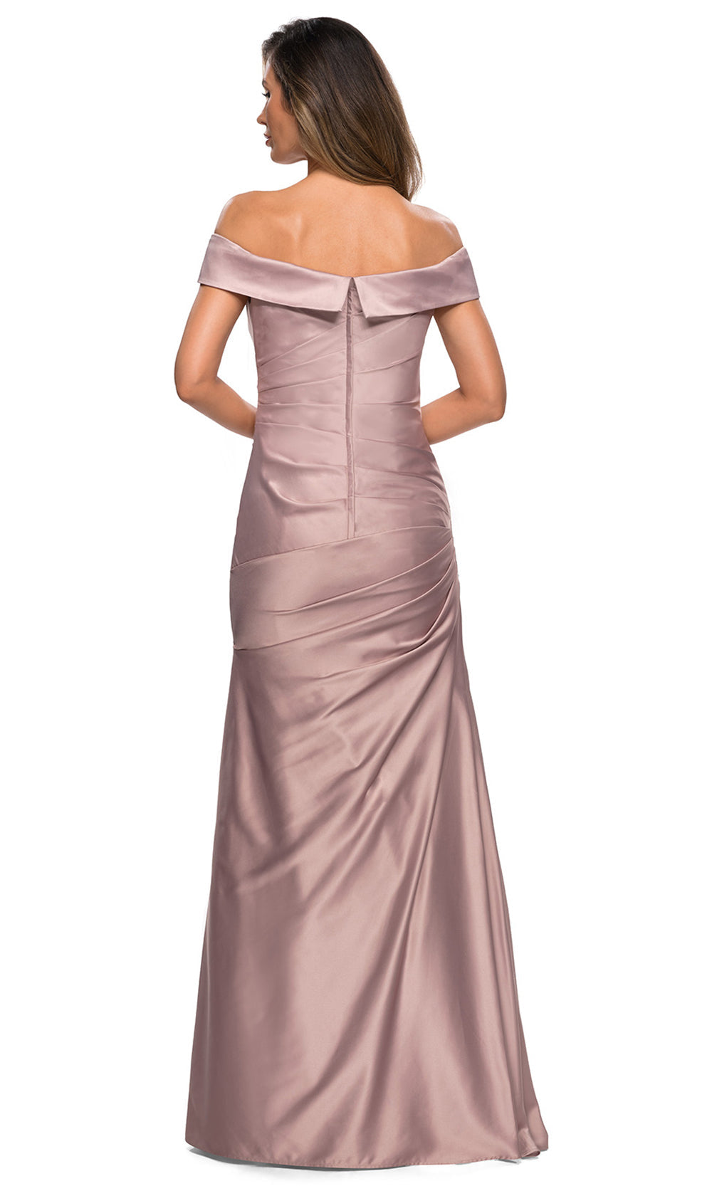 La Femme - 28103 Off-Shoulder Ruched Fitted Bodice Satin Evening Dress In Champagne & Gold