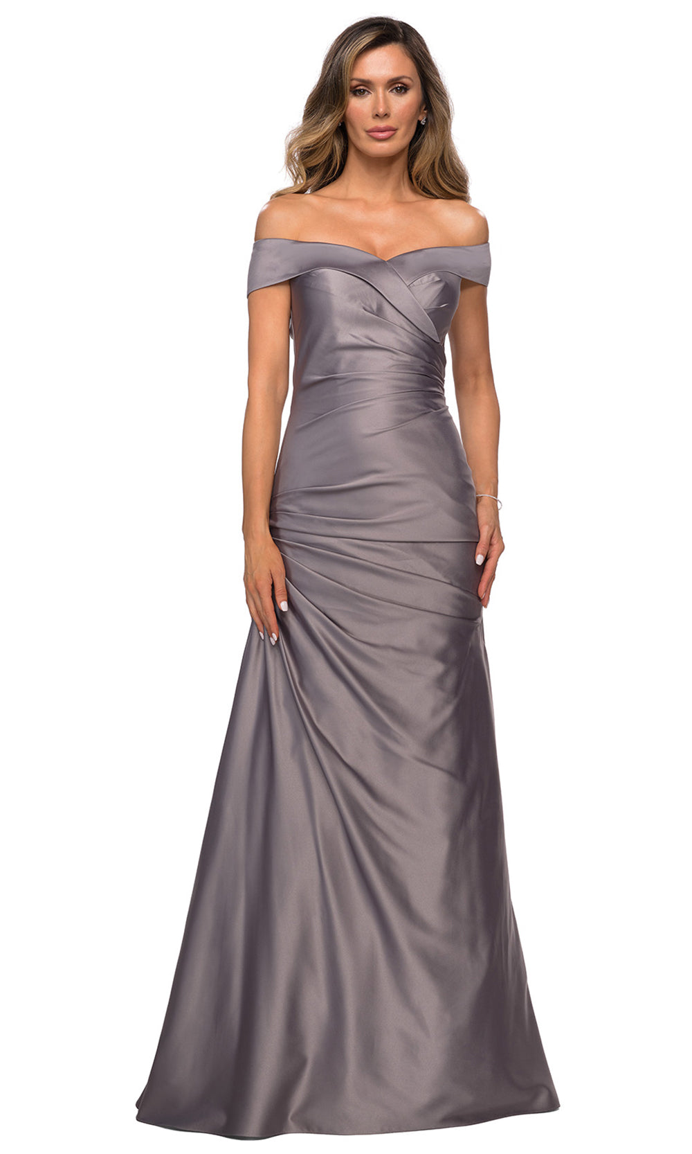 La Femme - 28103 Off-Shoulder Ruched Fitted Bodice Satin Evening Dress In Silver & Gray