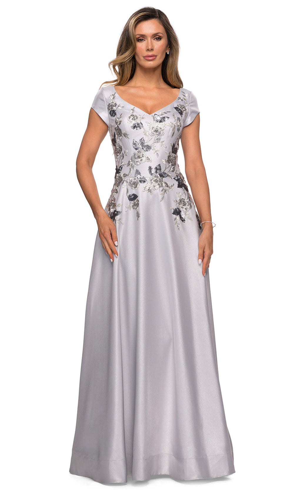 La Femme - 28105 Floral V Neck A-Line Long Dress In Silver and Gray
