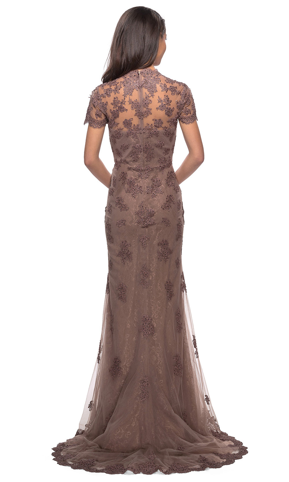 La Femme - 28195 Short Sleeve Embroidered Scallop Lace Dress In Brown