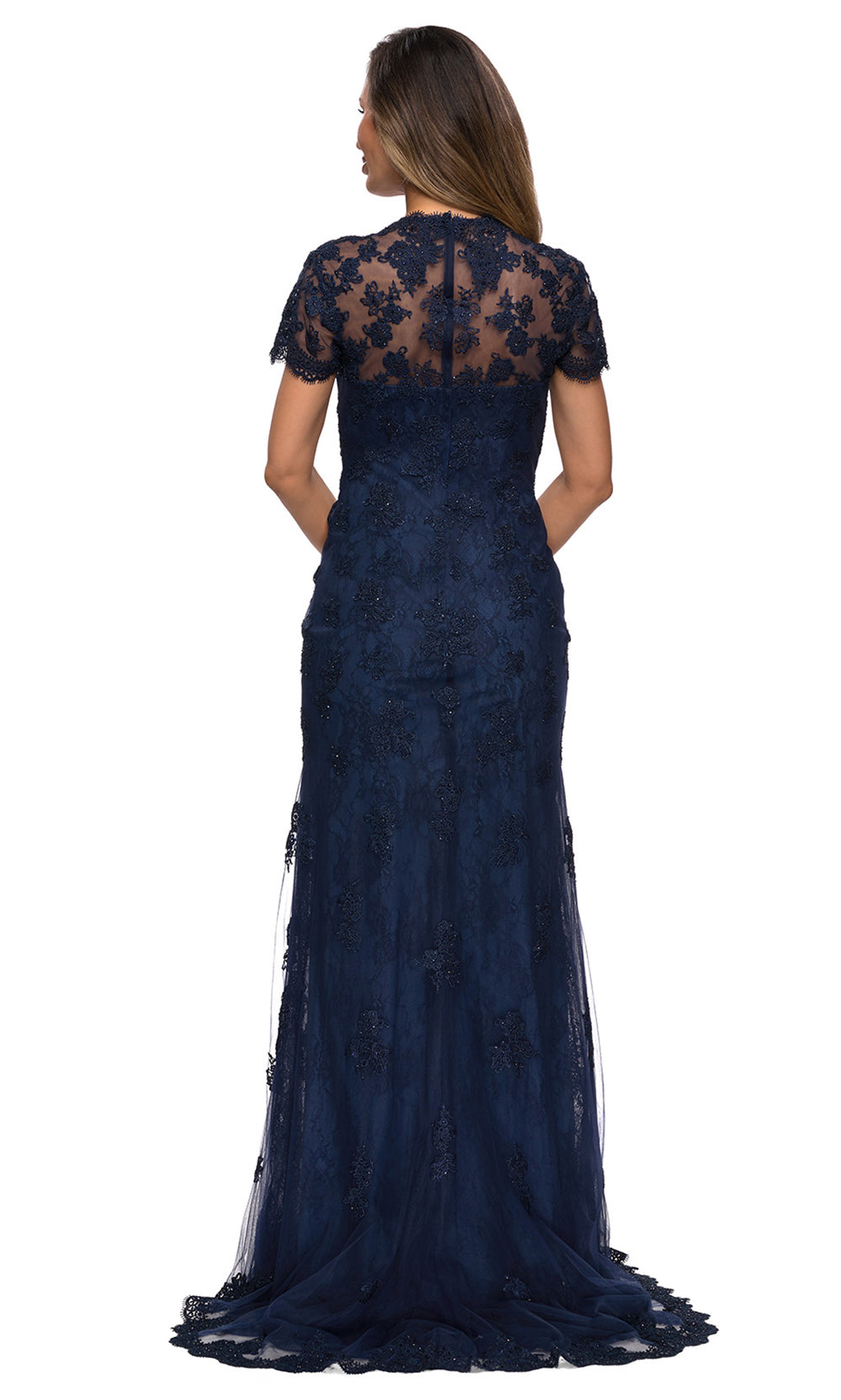 La Femme - 28195 Short Sleeve Embroidered Scallop Lace Dress In Blue