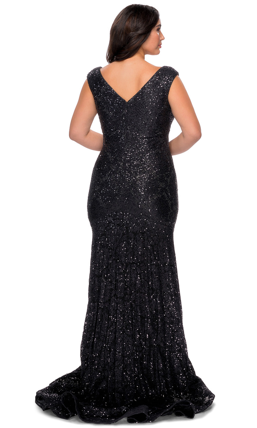 La Femme - 28837 Glimmer Stretch Knit Lace Sheath Evening Gown In Black