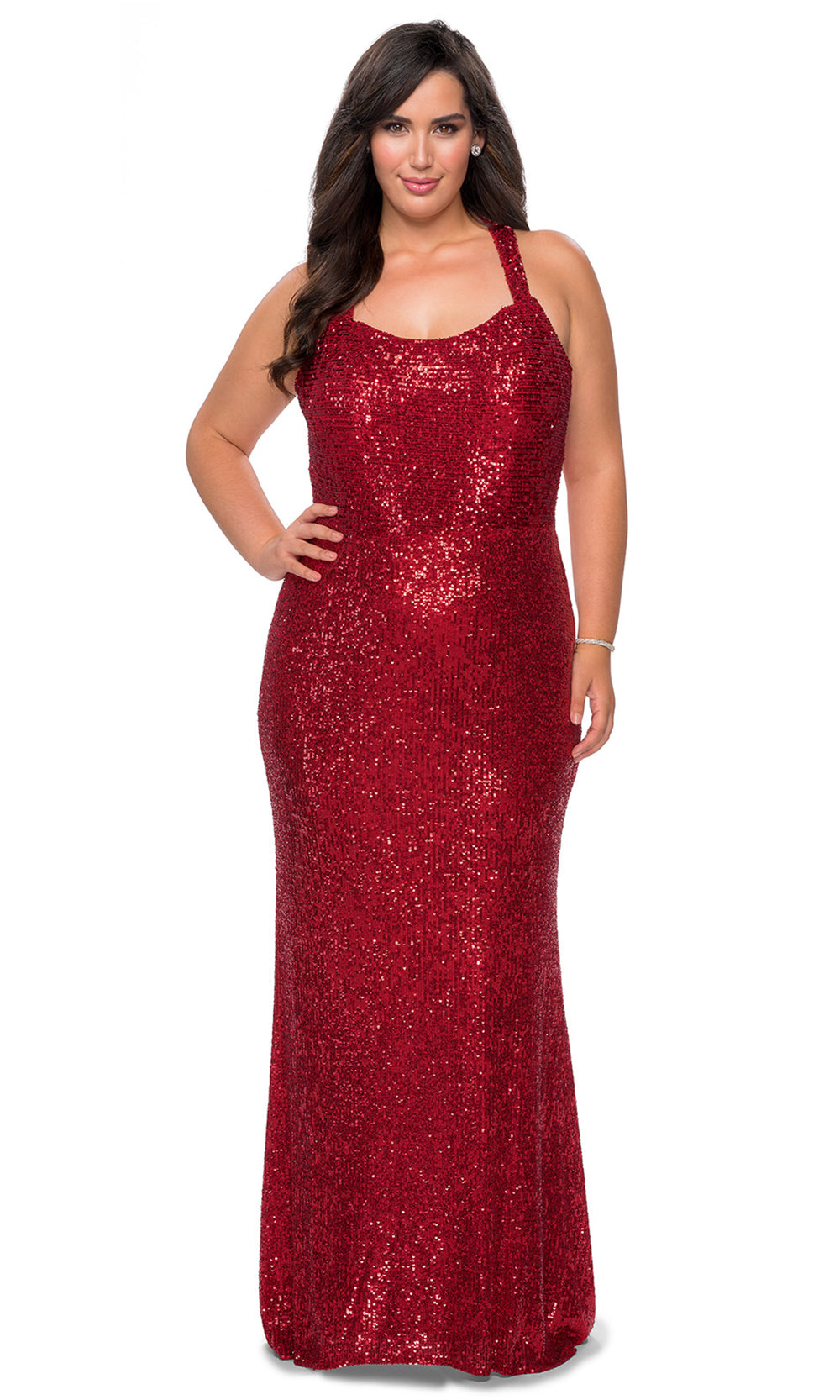 La Femme - 28842 Full Sequin Crisscross Strap Back Evening Gown In Red