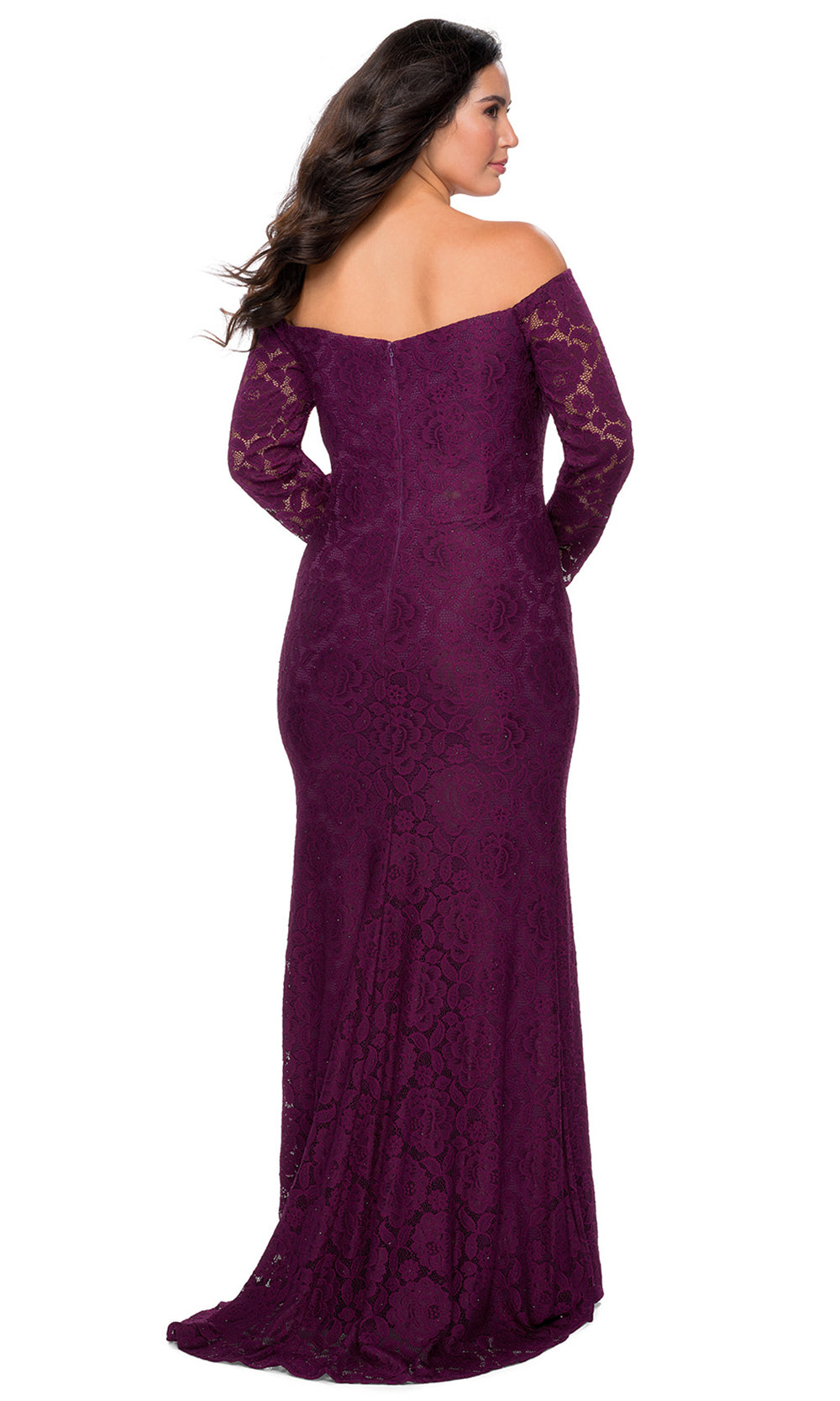 La Femme - 28859 Floral Lace Off Shoulder Long Sleeve Evening Gown In Purple