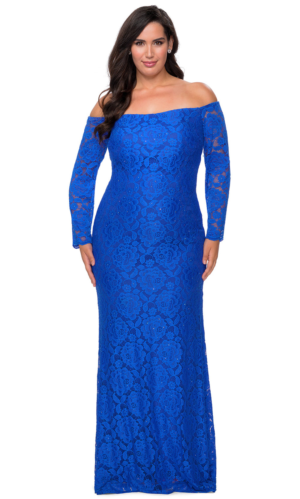 La Femme - 28859 Floral Lace Off Shoulder Long Sleeve Evening Gown In Blue
