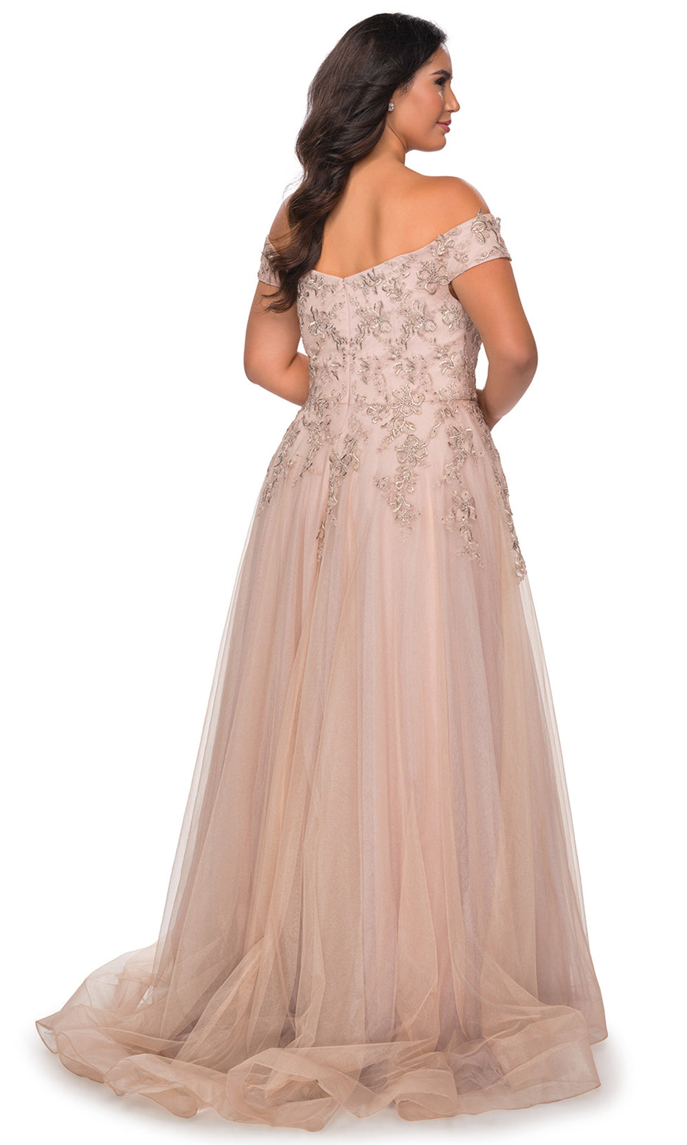 La Femme - 28950 Embroidered Off Shoulder Tulle Gown In Neutral