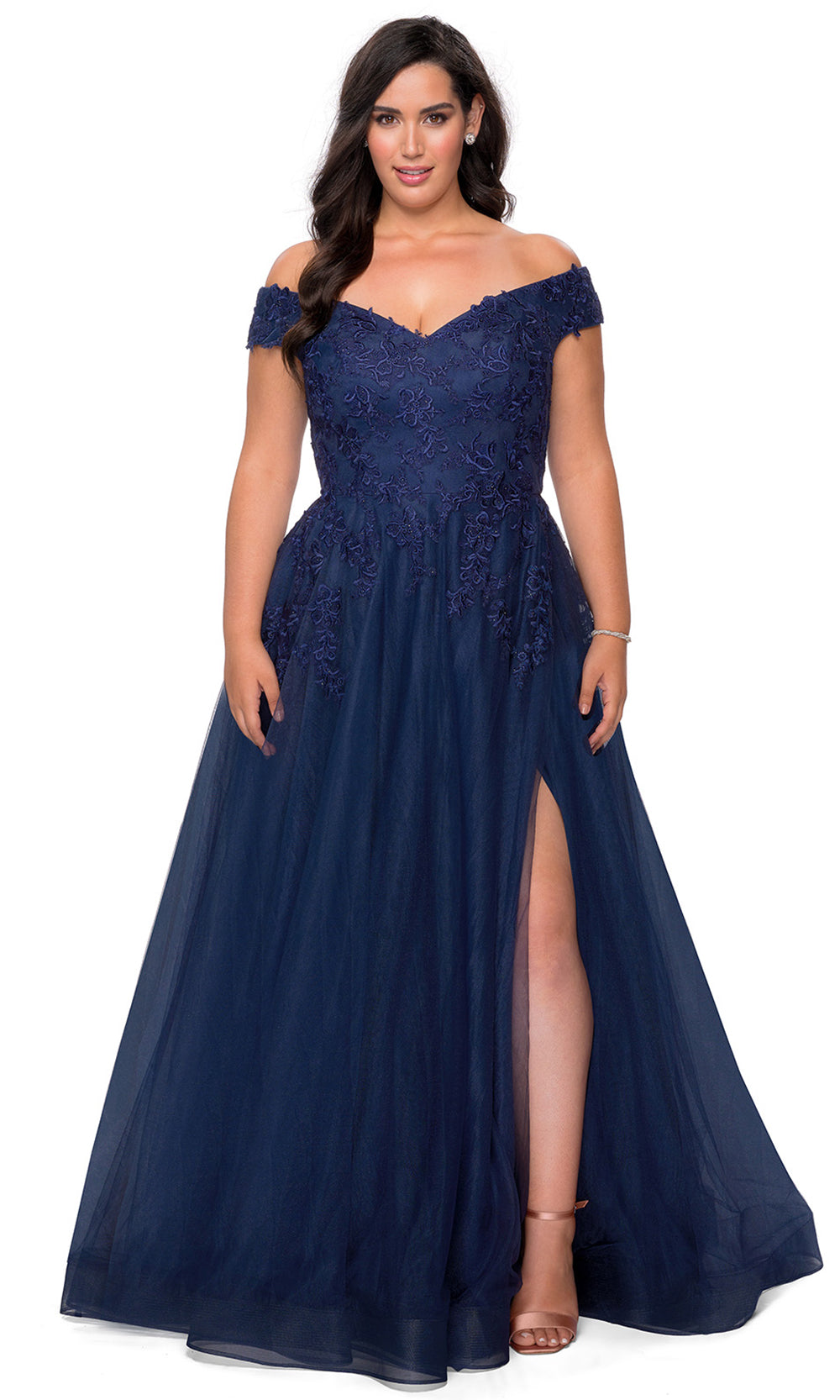 La Femme - 28950 Embroidered Off Shoulder Tulle Gown In Blue