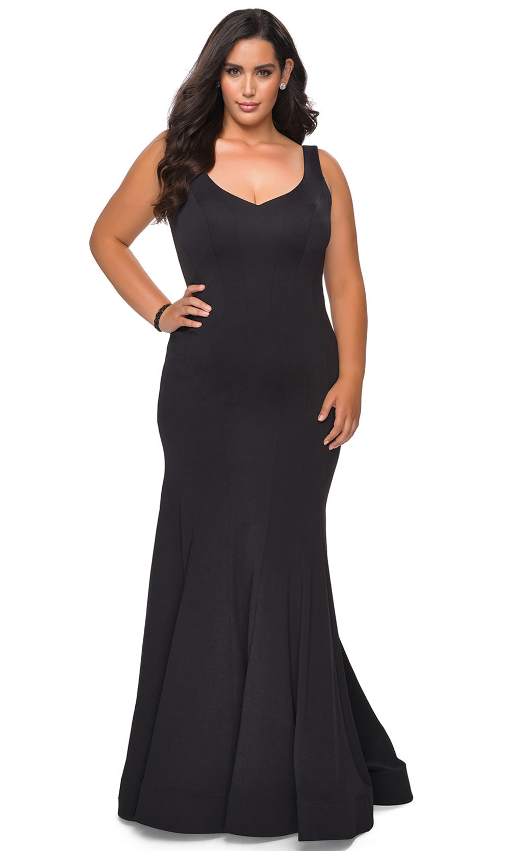 La Femme - 28975 Long Deep V-Neck Mermaid Dress In Black