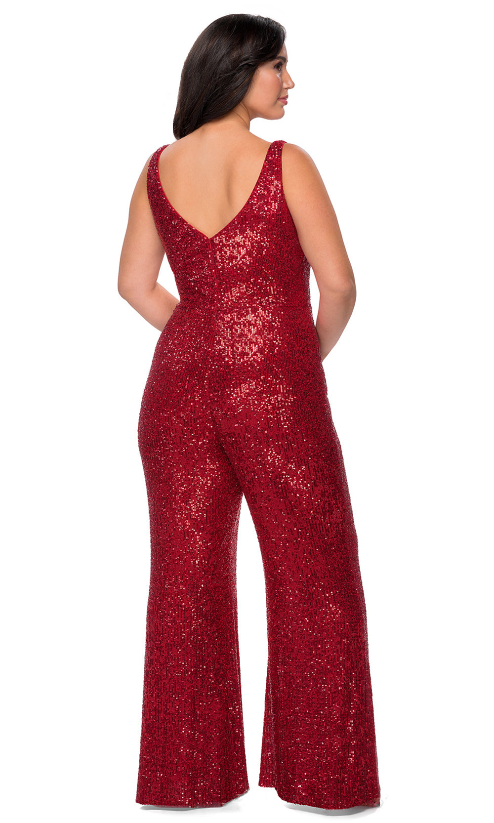 La Femme - 29003 Deep V-Neck Sequined Jumpsuit In Red