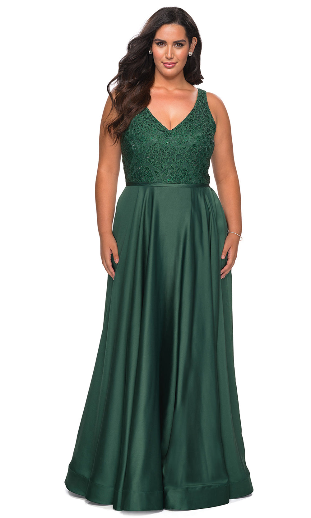 La Femme - 29004 Lace V Neck Satin A-Line Gown In Blue