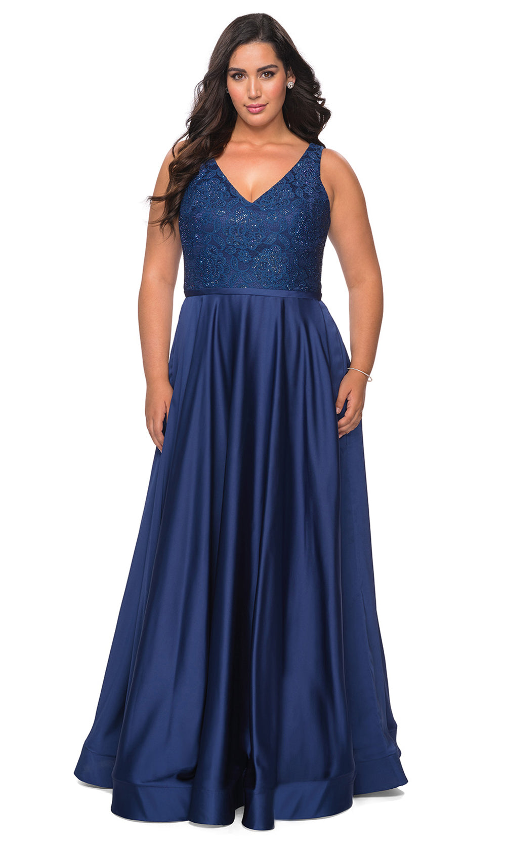 La Femme - 29004 Lace V Neck Satin A-Line Gown In Blue