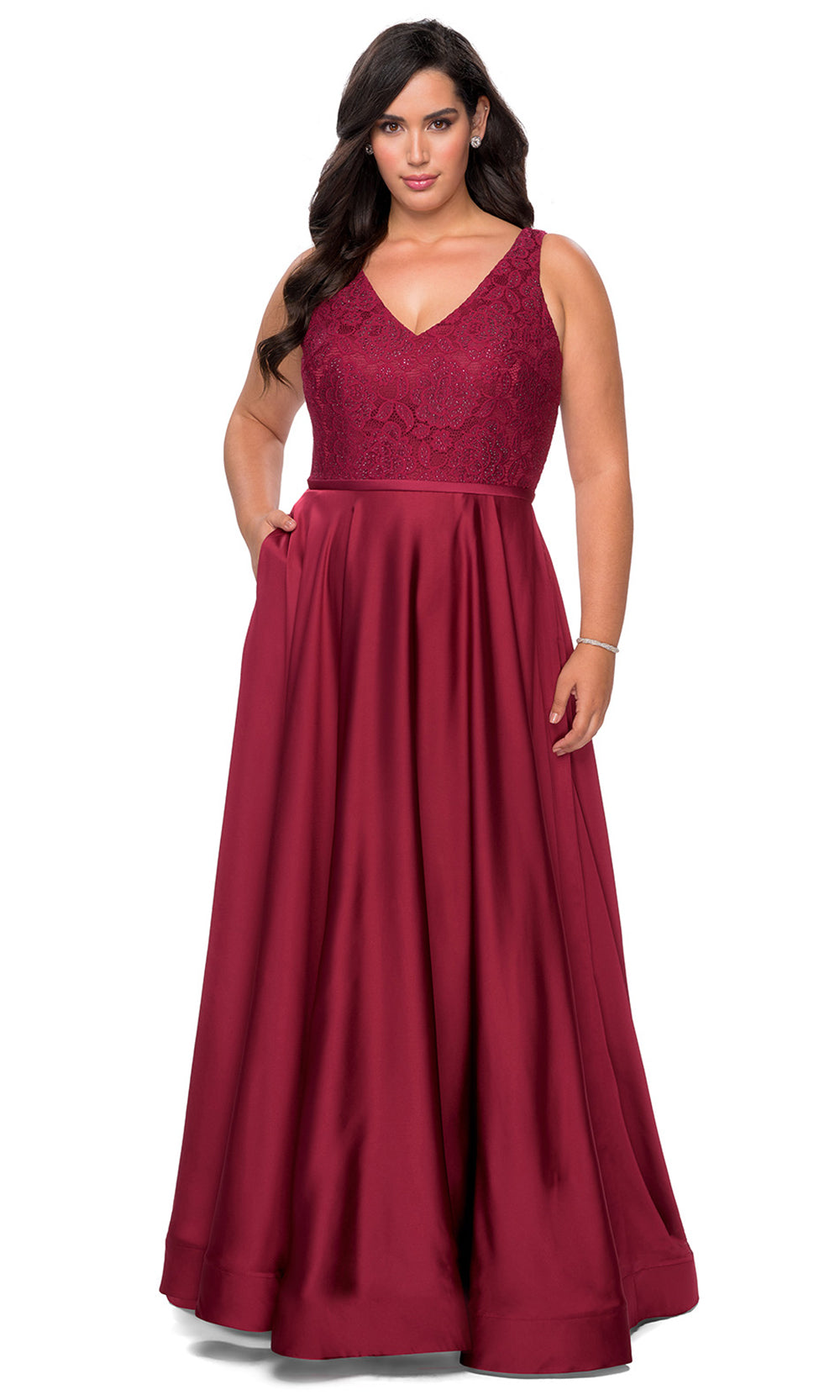 La Femme - 29004 Lace V Neck Satin A-Line Gown In Red