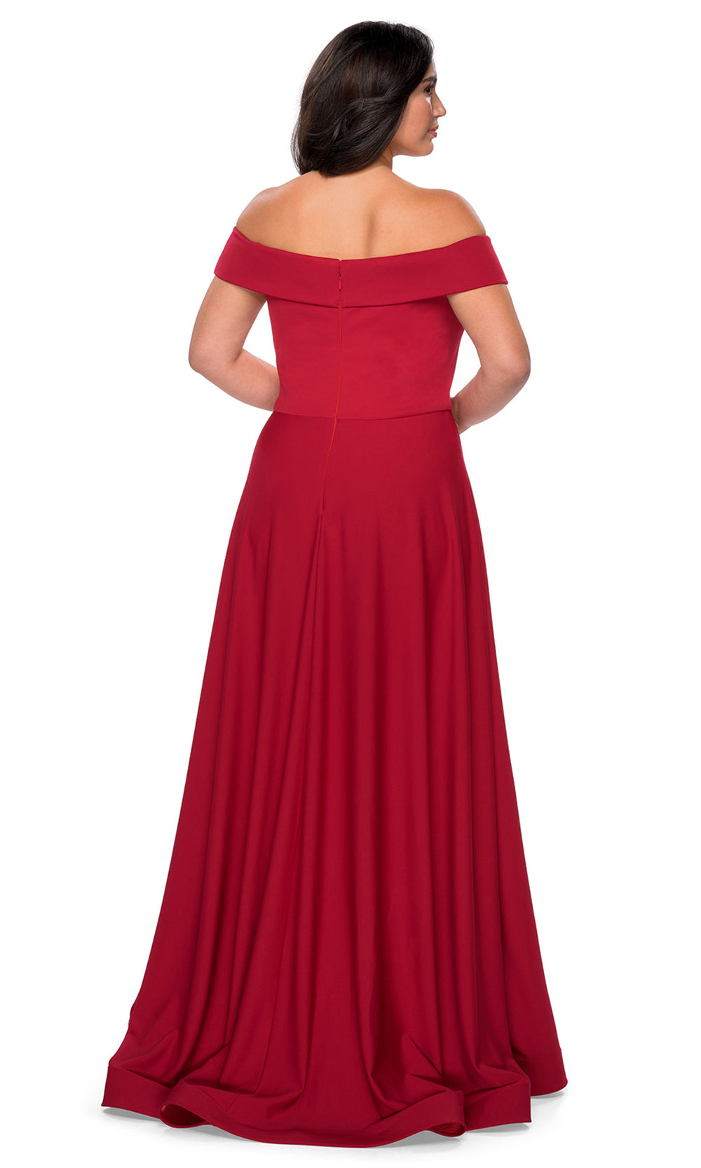 La Femme - 29007 Off Shoulder Jersey A-Line Dress With Slit In Red