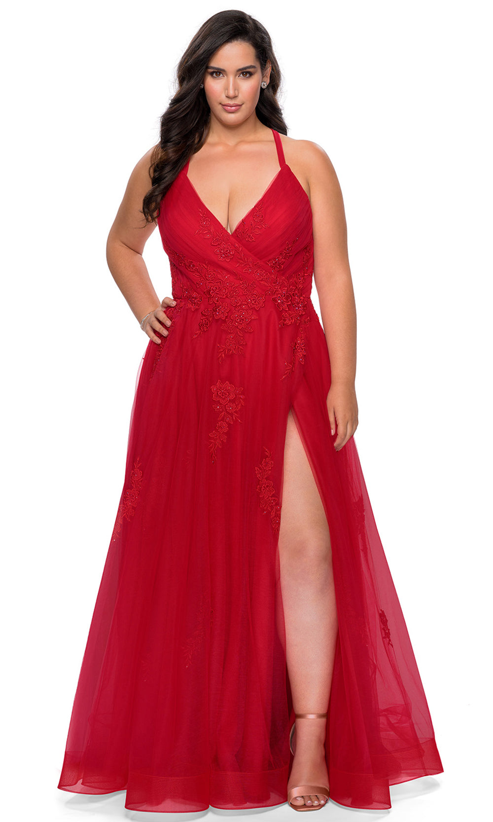 La Femme - 29021 Embroidered High Slit A-Line Dress In Red