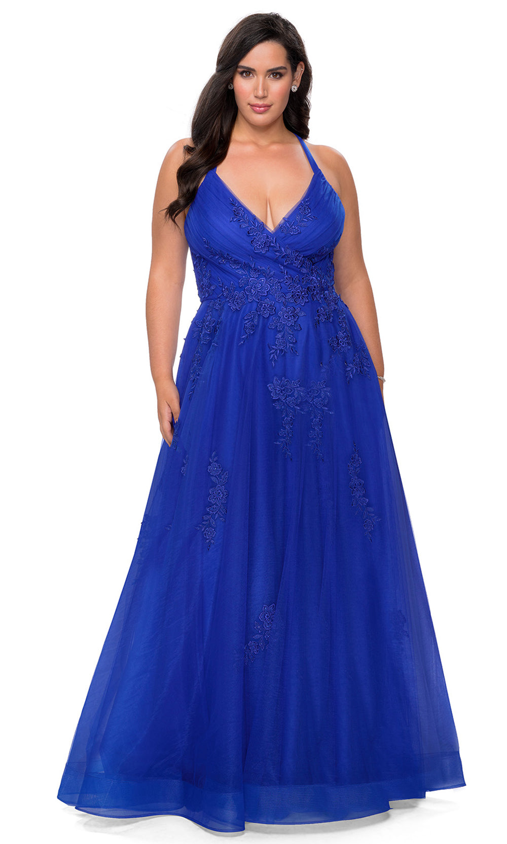 La Femme - 29021 Embroidered High Slit A-Line Dress In Blue