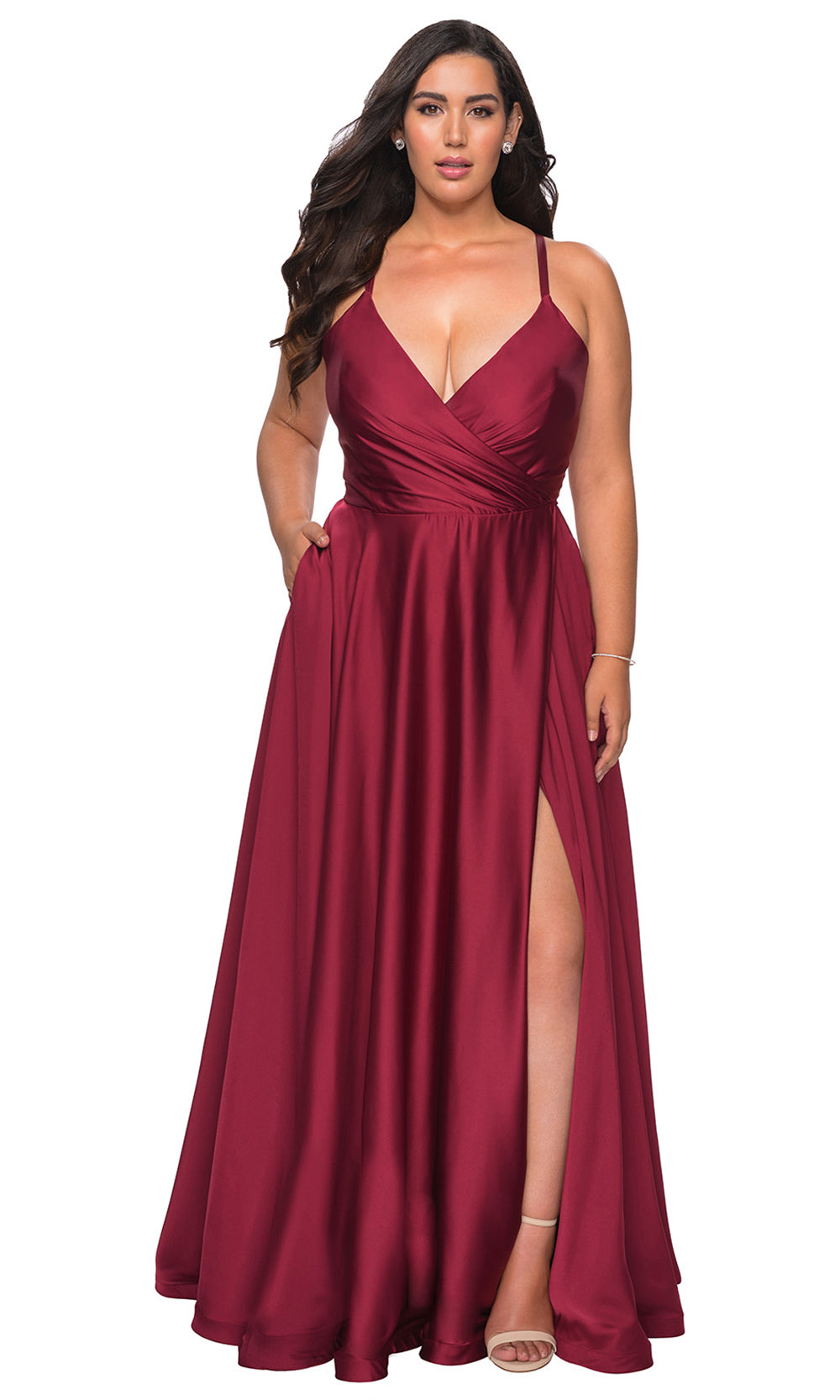 La Femme - 29033 Plunging V Neck A-Line Dress In Red