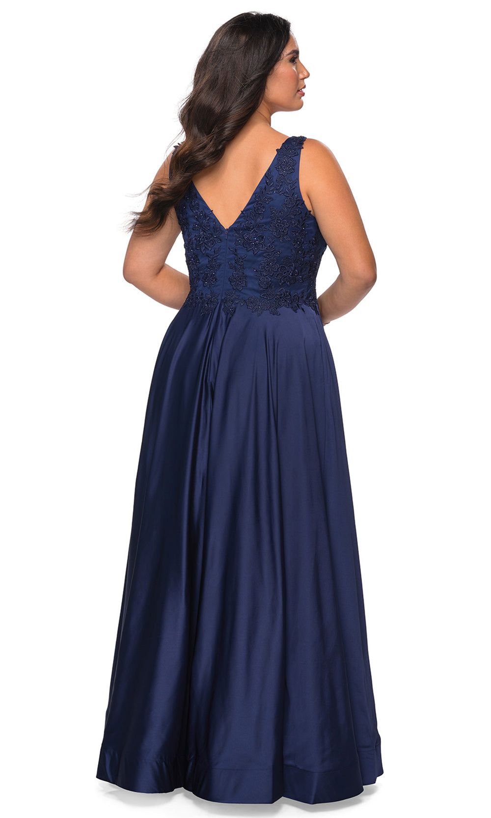 La Femme - 29039 Beaded Lace Satin A-Line Gown In Blue