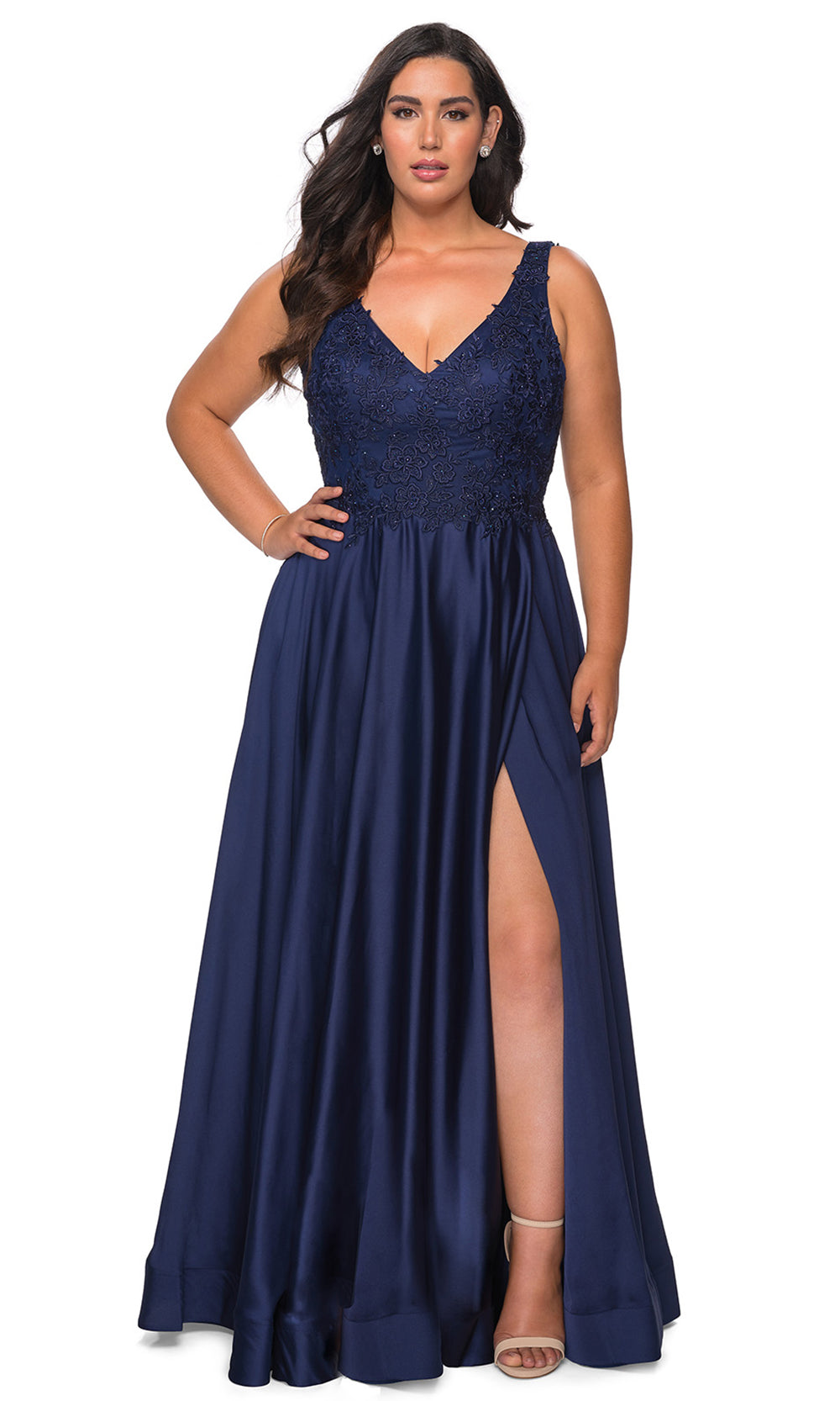 La Femme - 29039 Beaded Lace Satin A-Line Gown In Blue