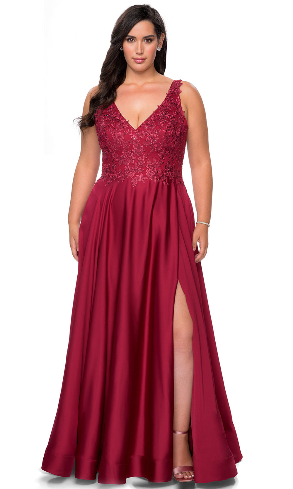 La Femme - 29039 Beaded Lace Satin A-Line Gown In Red