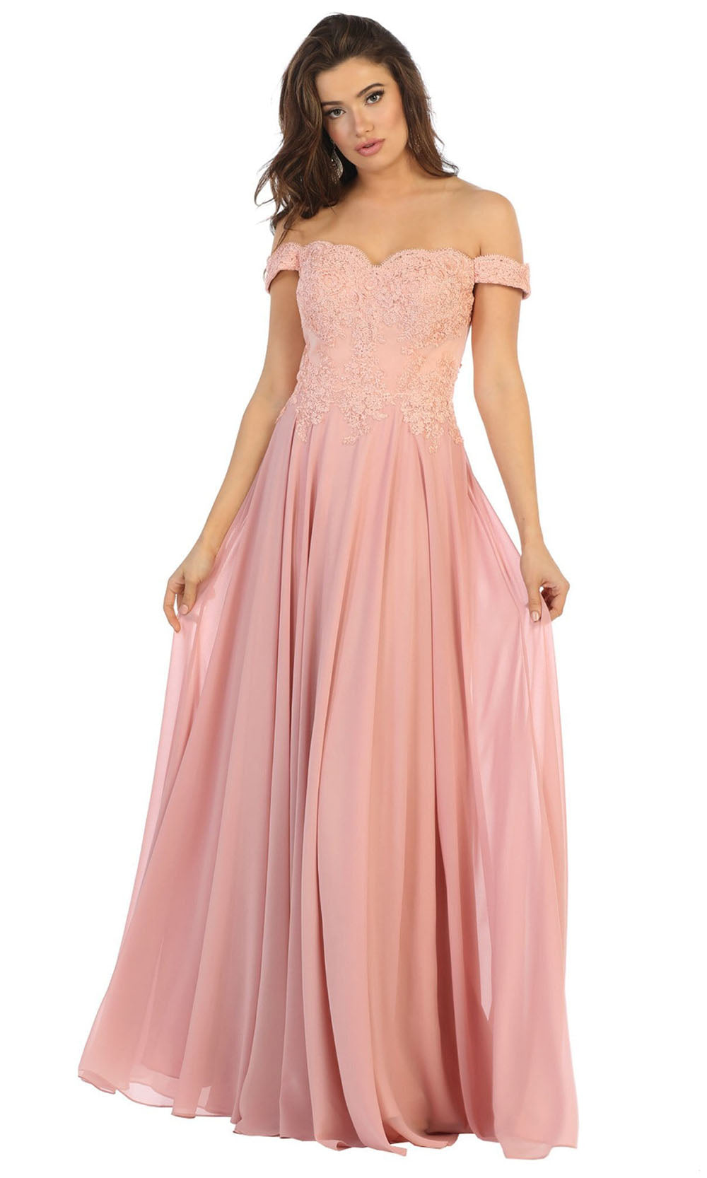 May Queen - MQ1644B Embroidered Off Shoulder A-Line Dress In Pink