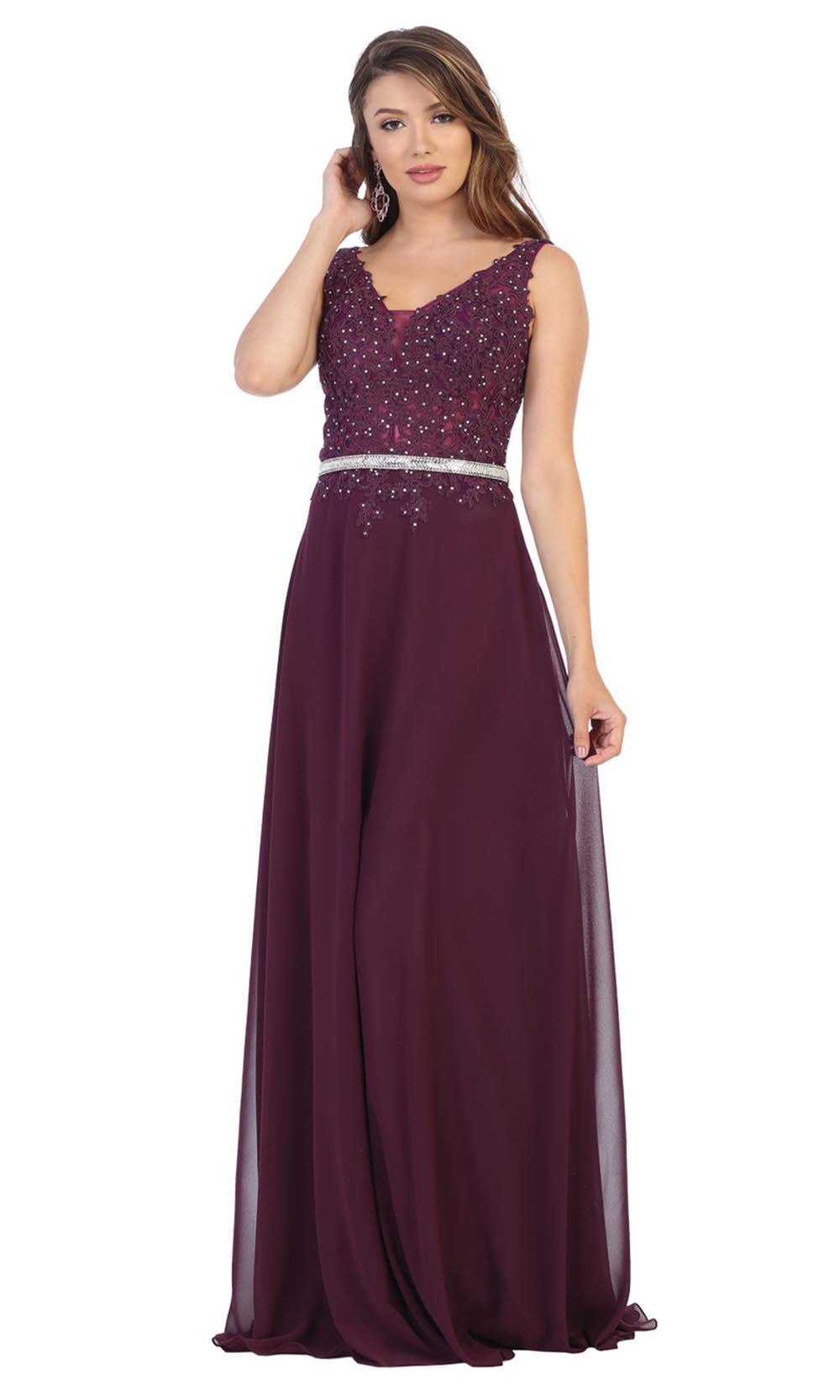 May Queen - MQ1701 Embroidered V Neck A-Line Dress In Purple
