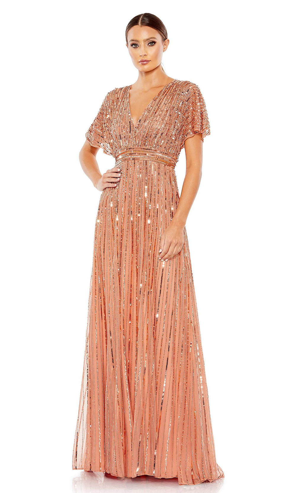 Mac Duggal - 10868 Short Sleeve Sequin Dress In Brown