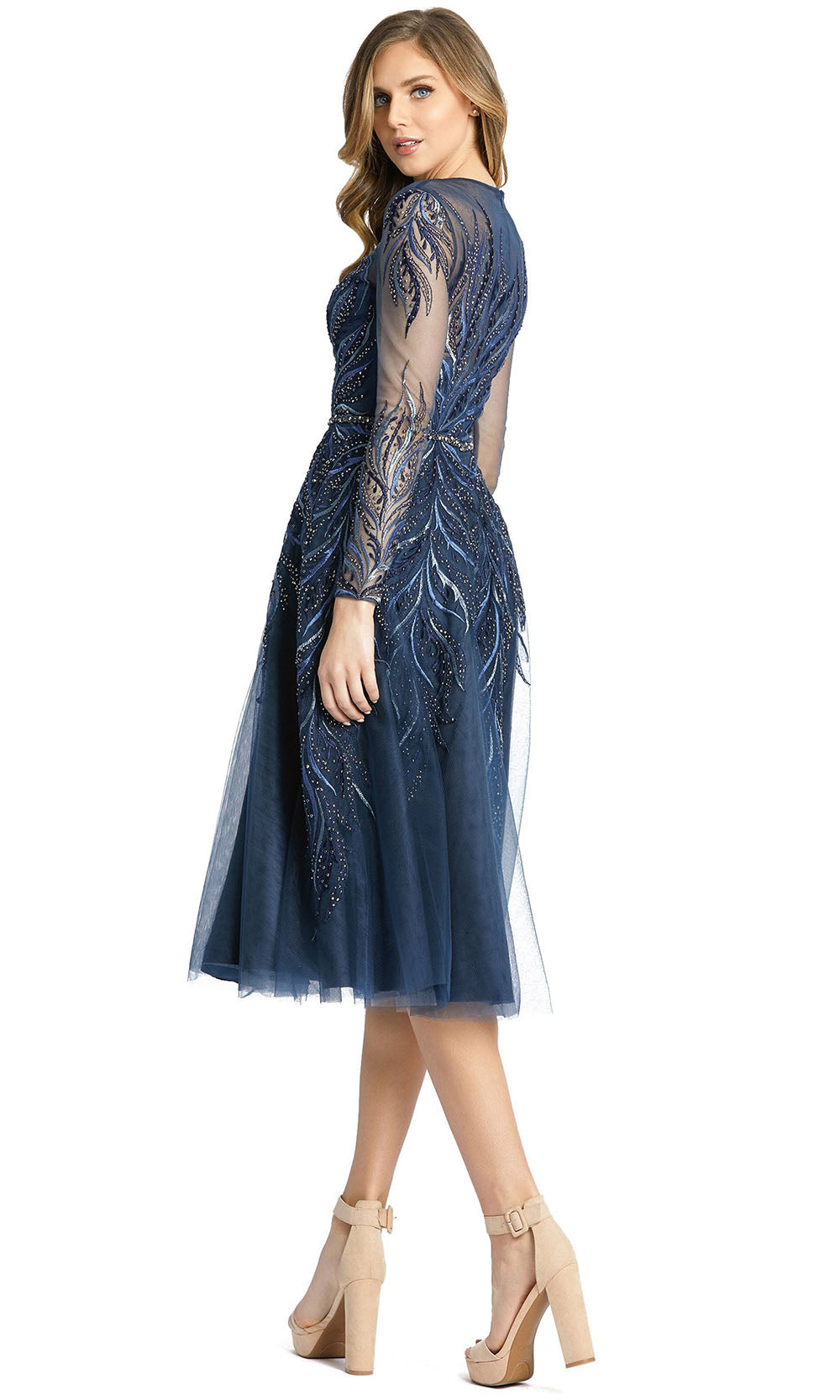 Mac Duggal - 11136D Long Sleeve Embroidered A-Line Dress In Blue