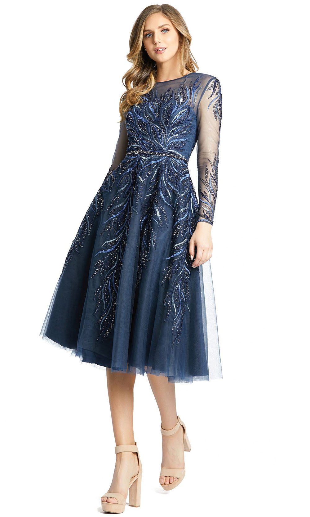 Mac Duggal - 11136D Long Sleeve Embroidered A-Line Dress In Blue