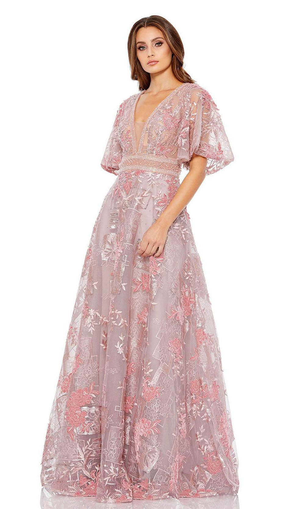 Mac Duggal - 20262 Bell Sleeve Embroidered A-Line Gown In Pink