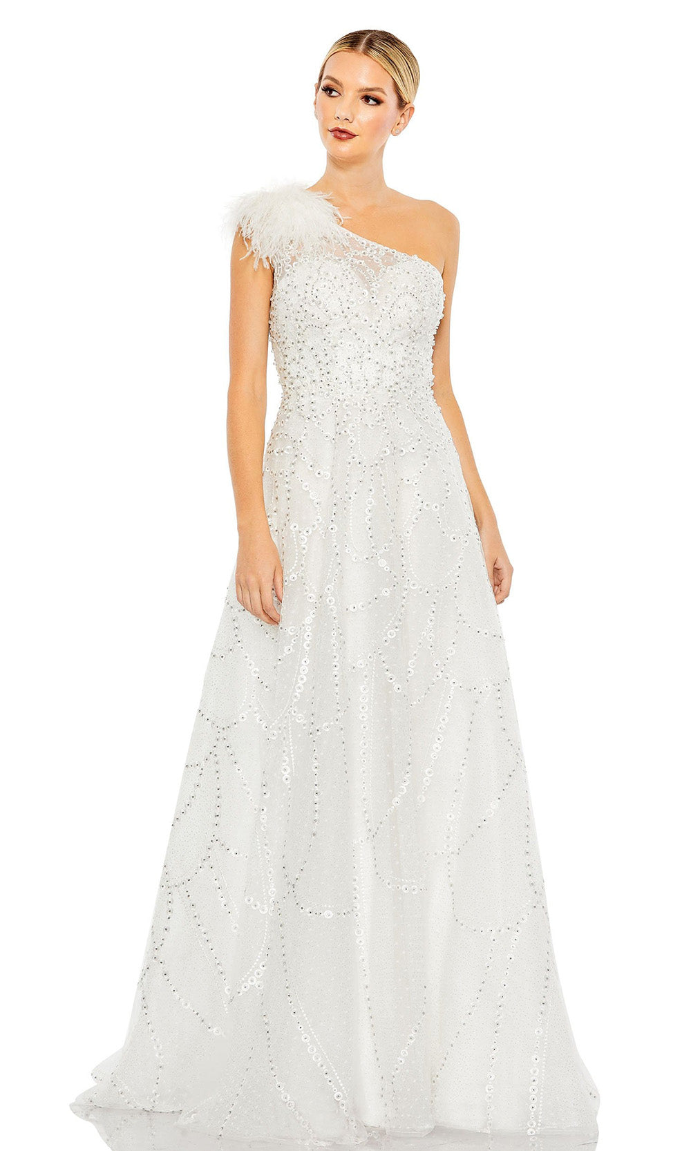 Mac Duggal - 20389 Feather Adorned Gown In White