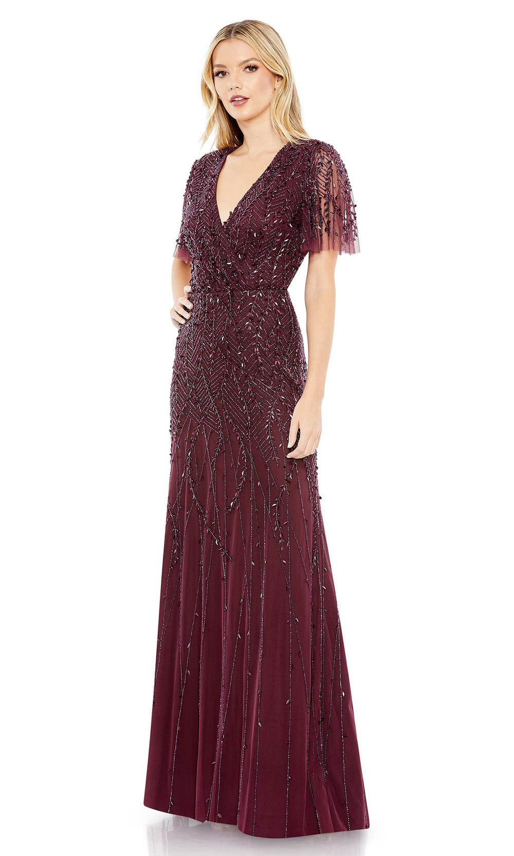 Mac Duggal - 35109 Flutter Sleeve Beaded Gown In Purple