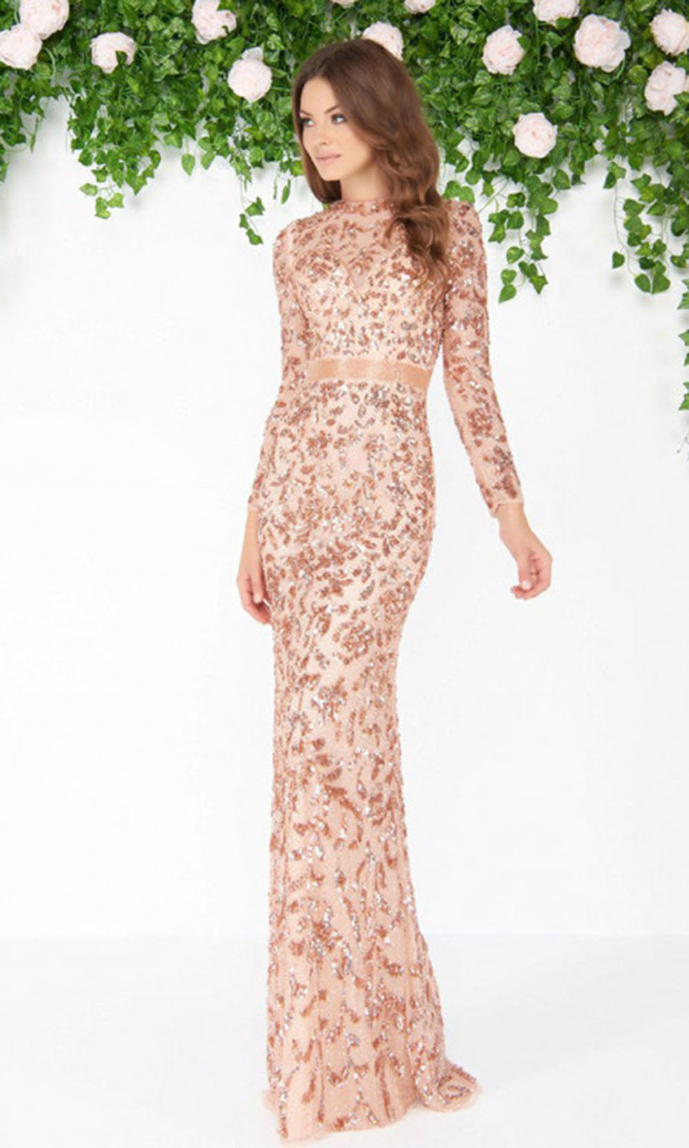 Mac Duggal - 4316D Long Sleeve Fully Embellished Column Gown In Champagne & Gold