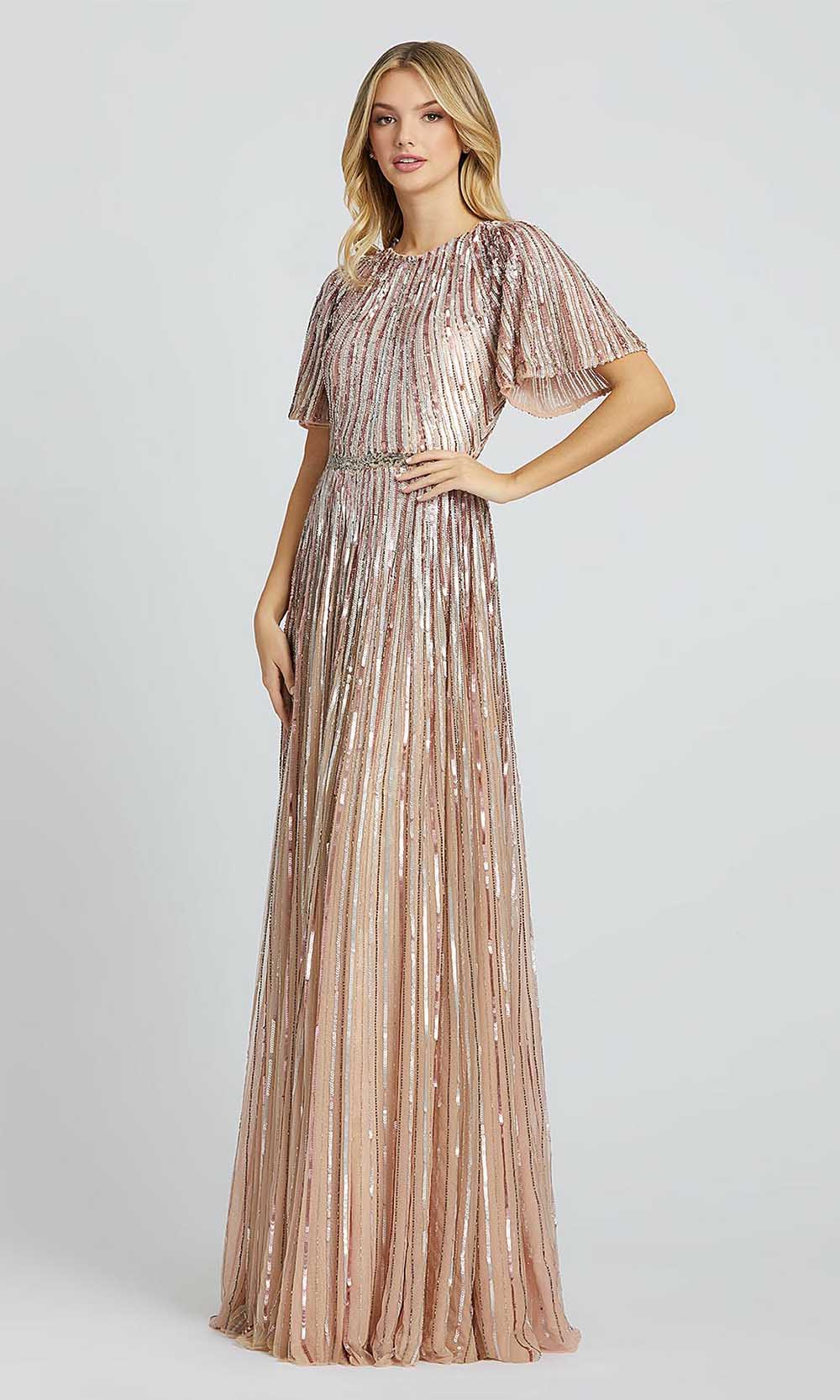 Mac Duggal - 4913D Bell Sleeve Linear Sequin A-Line Gown In Pink