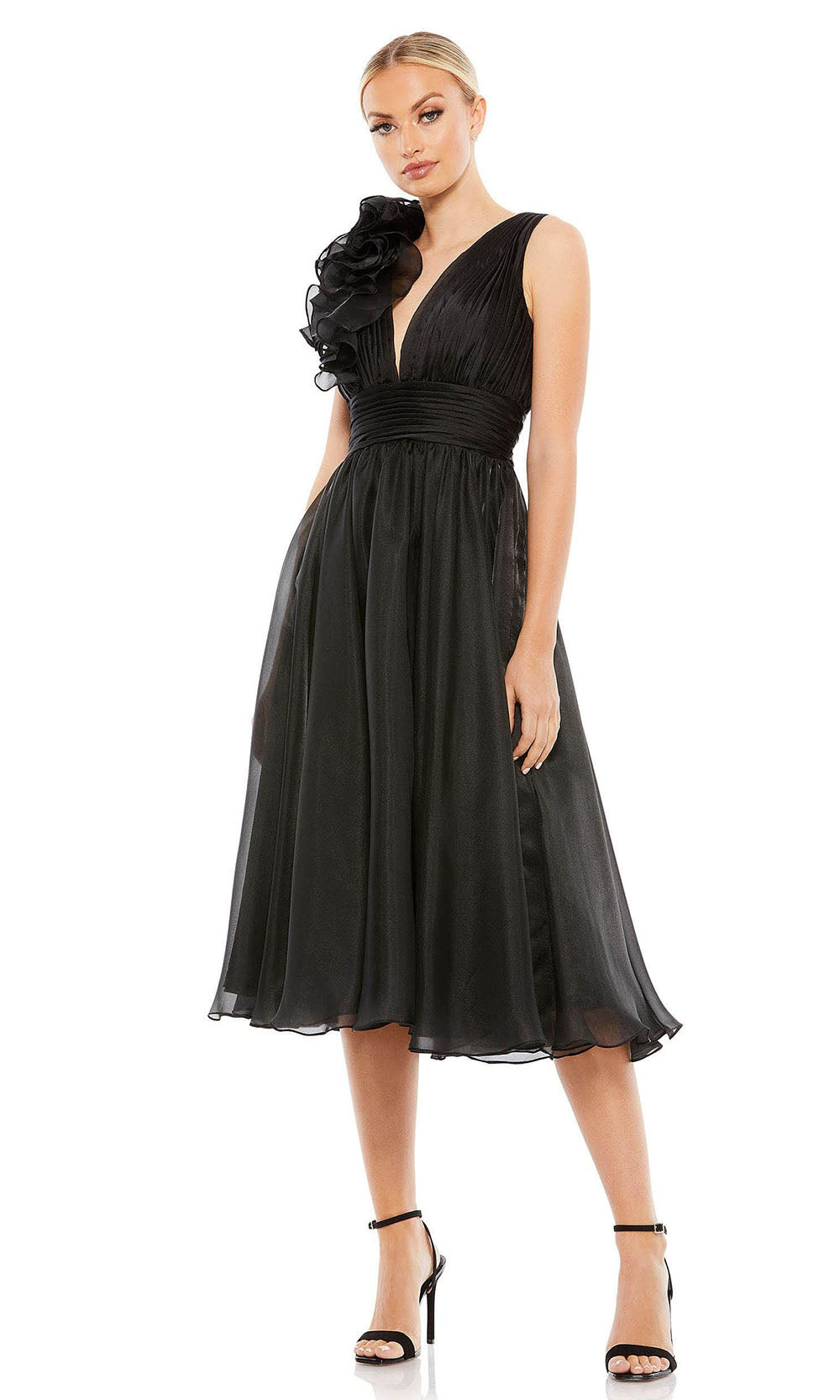 Mac Duggal - 49494 Plunging V-Neck Tea Length Dress In Black