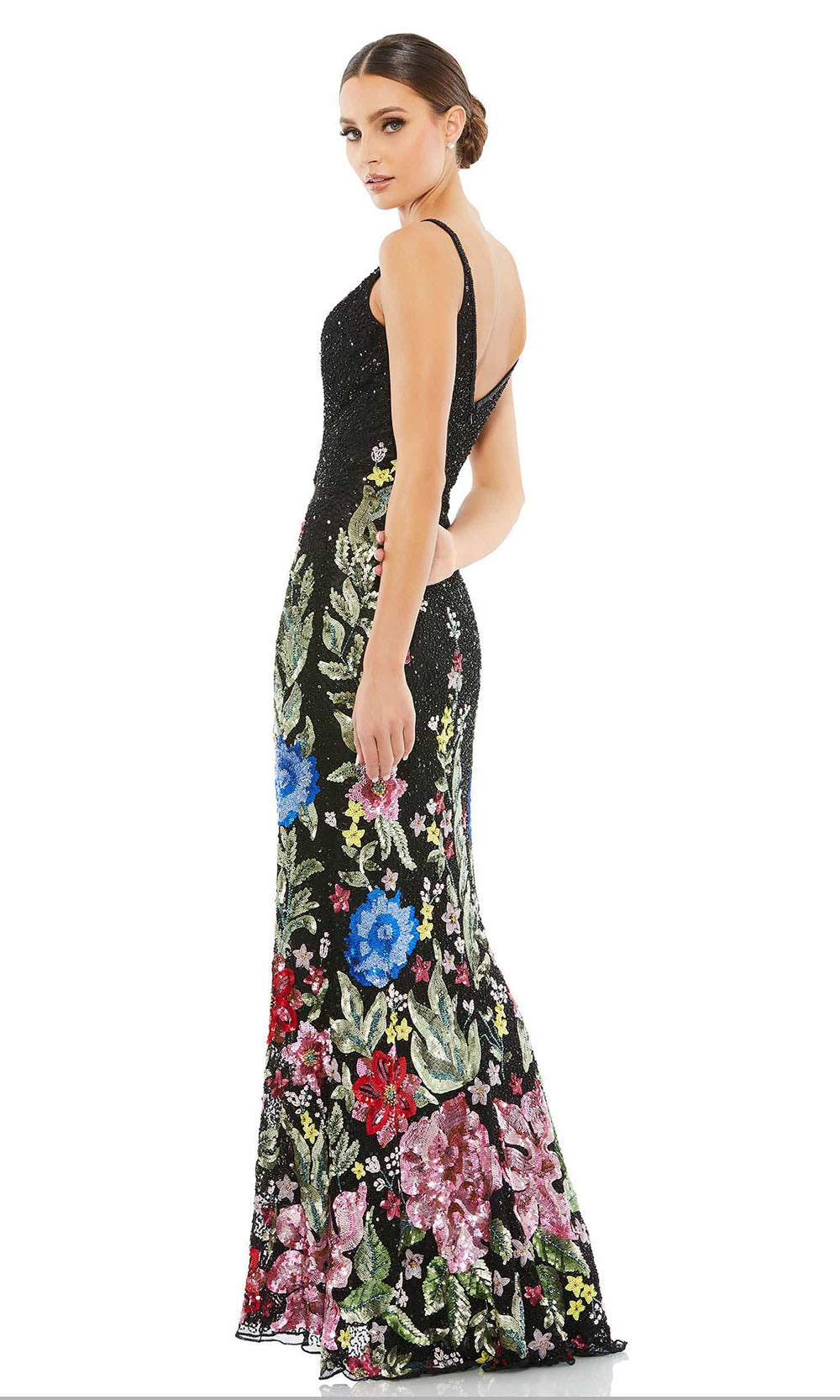 Mac Duggal - 5475 Sleeveless Floral Embellished Gown In Black and Multicolor