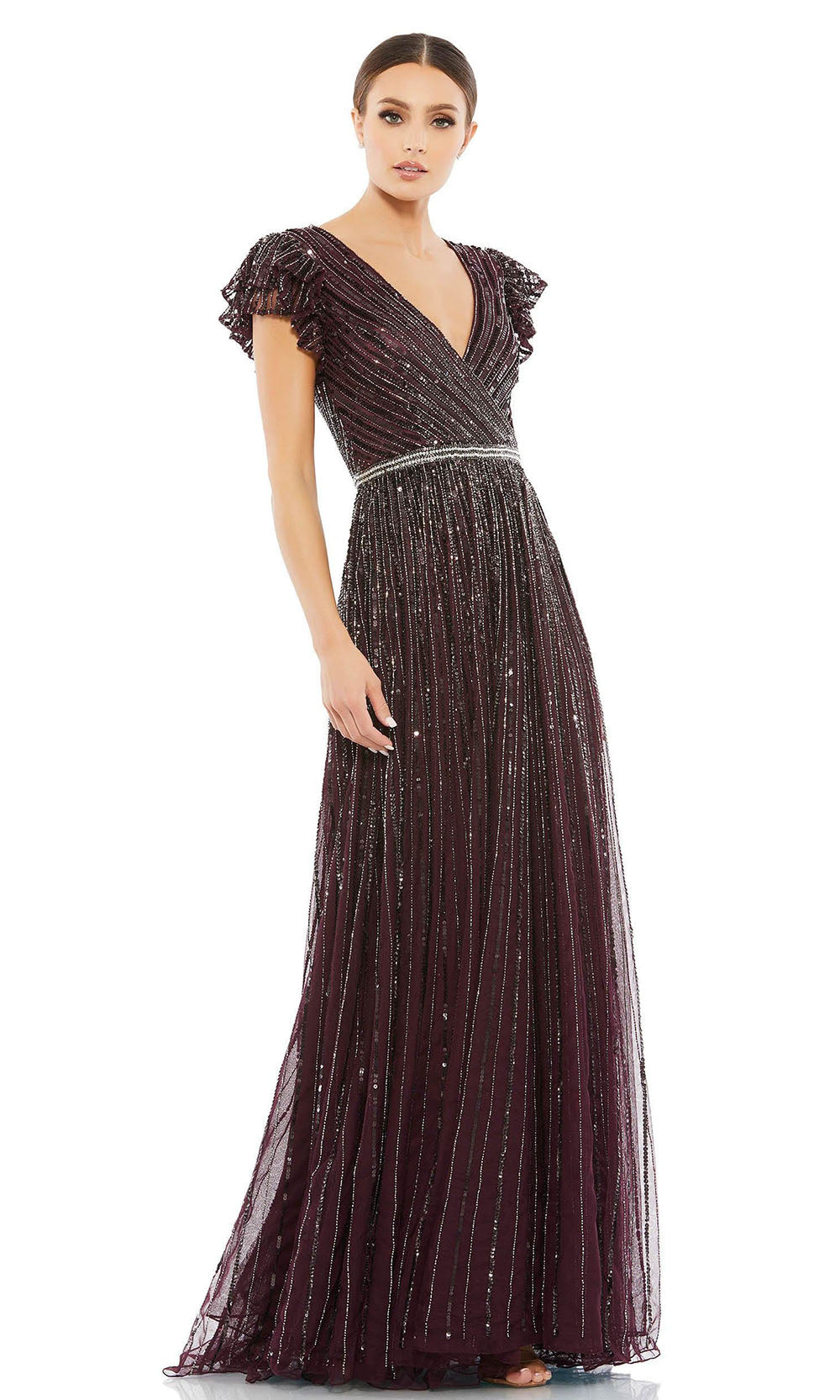 Mac Duggal - 5502 Sequined V-Neck A-Line Dress In Purple