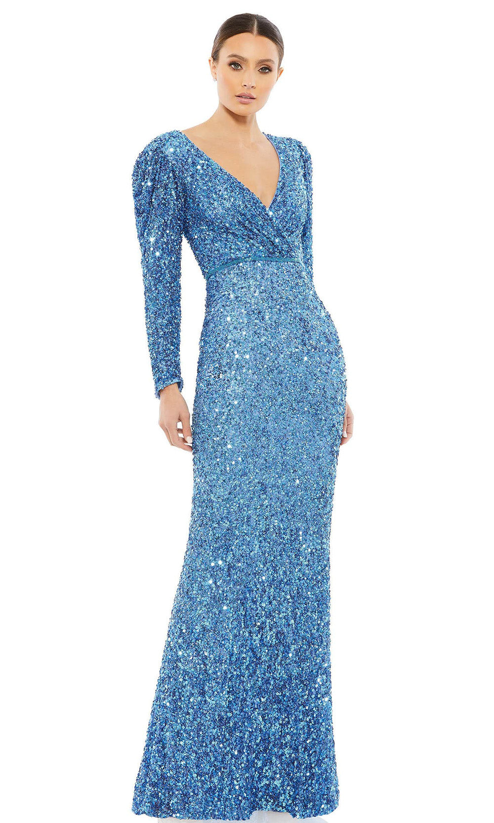 Mac Duggal - 5510 Puff Sleeve Sequin Long Gown In Blue