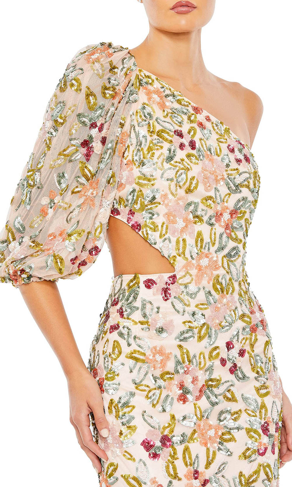 Mac Duggal - 5567 Asymmetric Slit Sequined Gown In Neutral and Multi