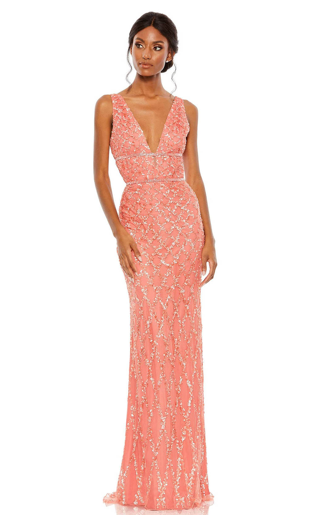 Mac Duggal - 5669 Sleeveless V-Back Sequin Long Gown In Pink