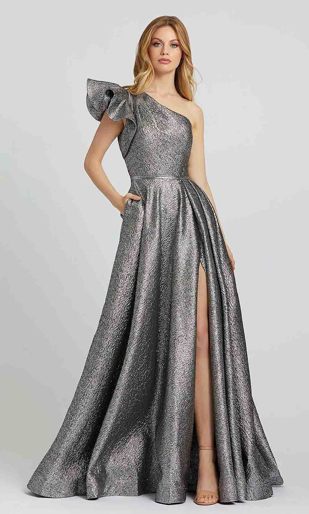 Mac Duggal - 67297M One Shoulder Metallic A-Line Gown In Silver