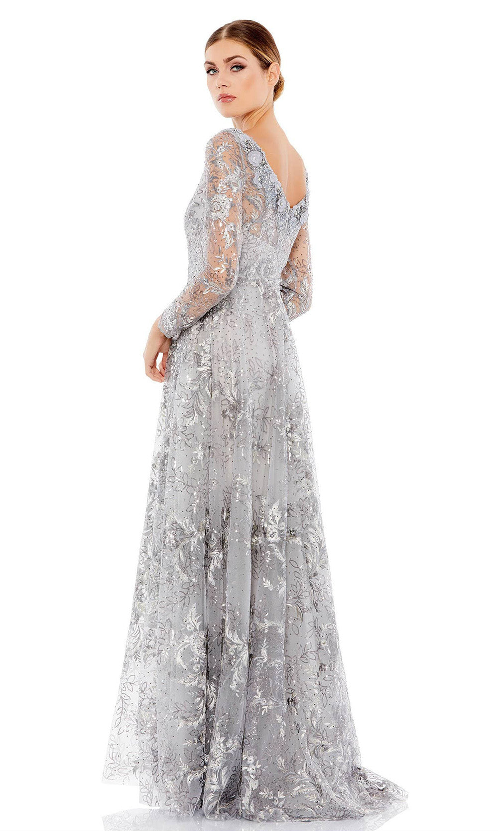Mac Duggal - 67498 Floral Long Sleeve A-Line Gown In Silver