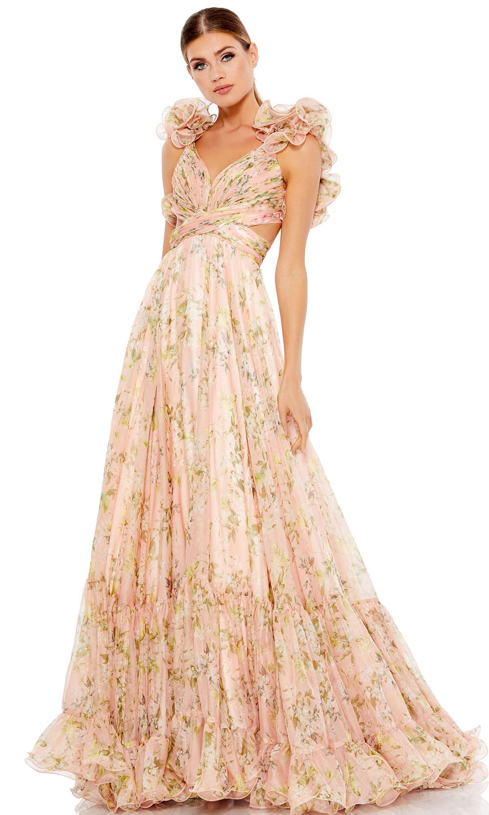 Mac Duggal - 67803M Open Back Ruffled Floral Flowy Dress In Pink