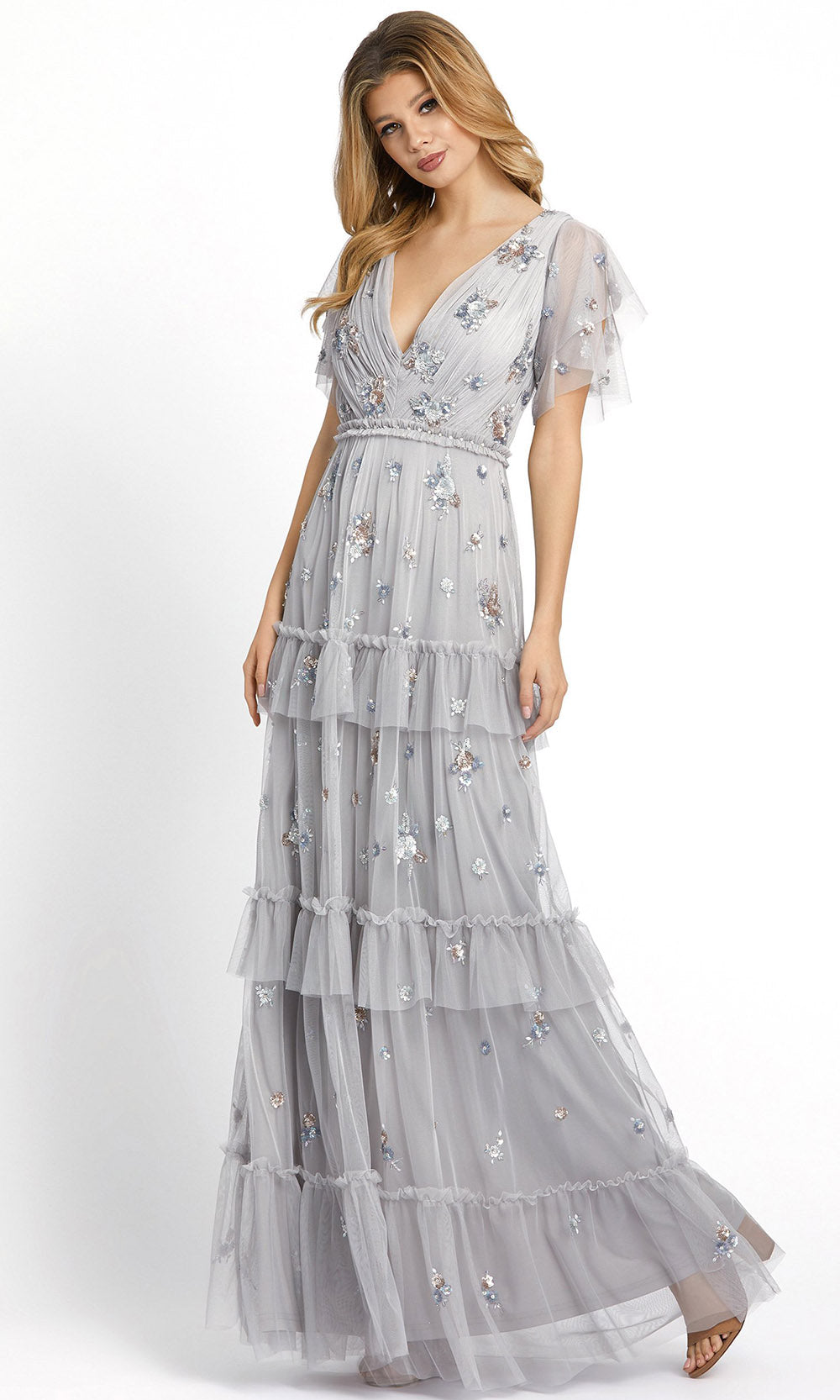 Mac Duggal - 9068D Embellished Plunging V Neck A-Line Gown In Silver