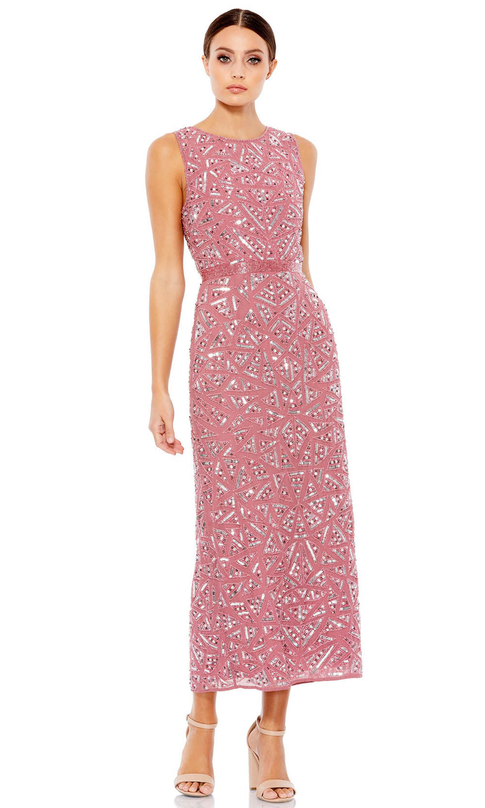 Mac Duggal - 93550D Beaded Column Full Length Dress In Pink