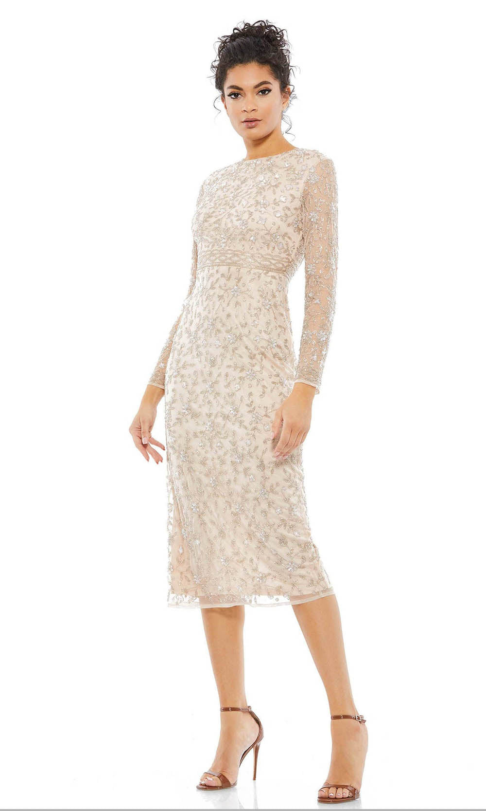 Mac Duggal Cocktail - 10812D Floral Detailed Tea Length Dress In White