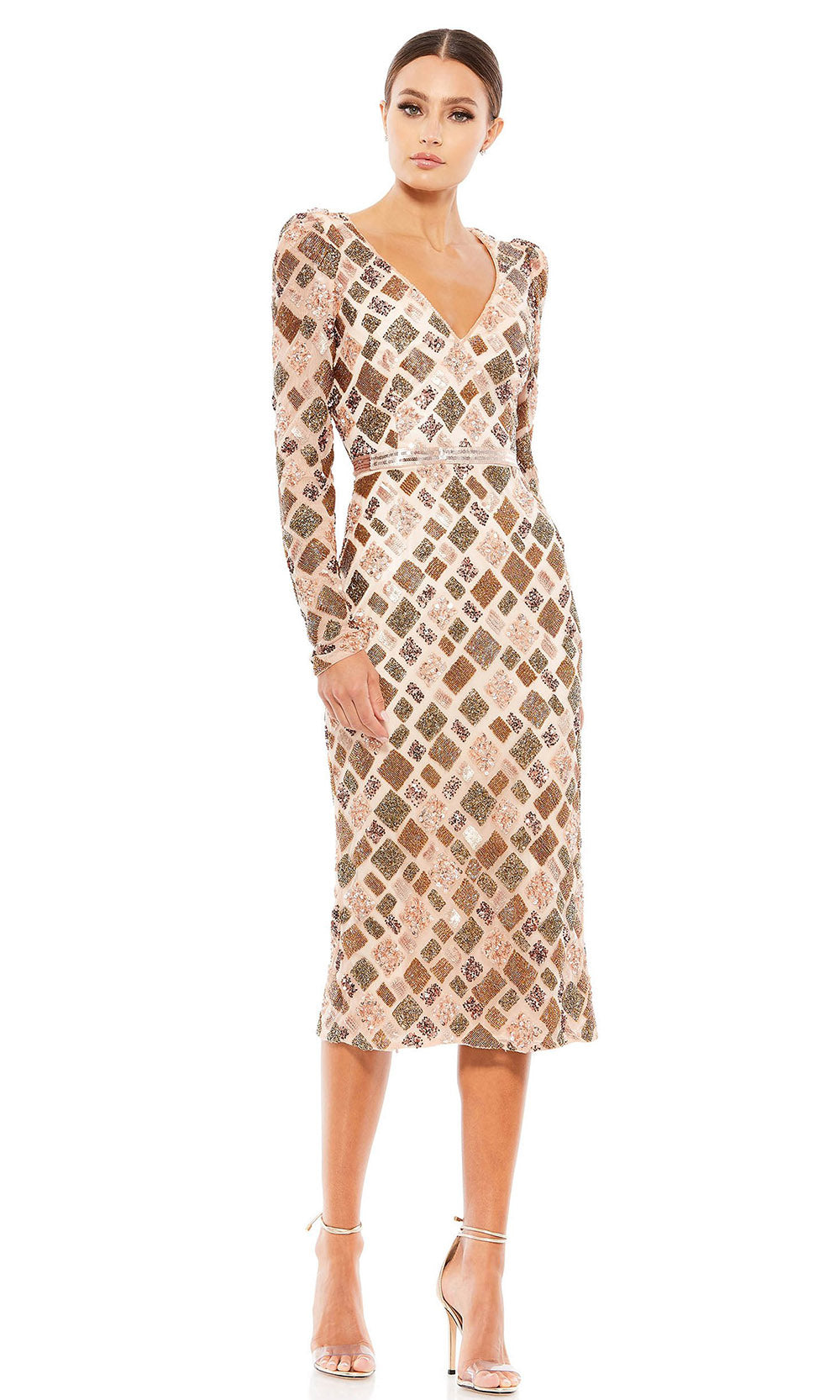 Mac Duggal Cocktail - 5472D Lattice Beaded V-Neck Dress In Multi-color