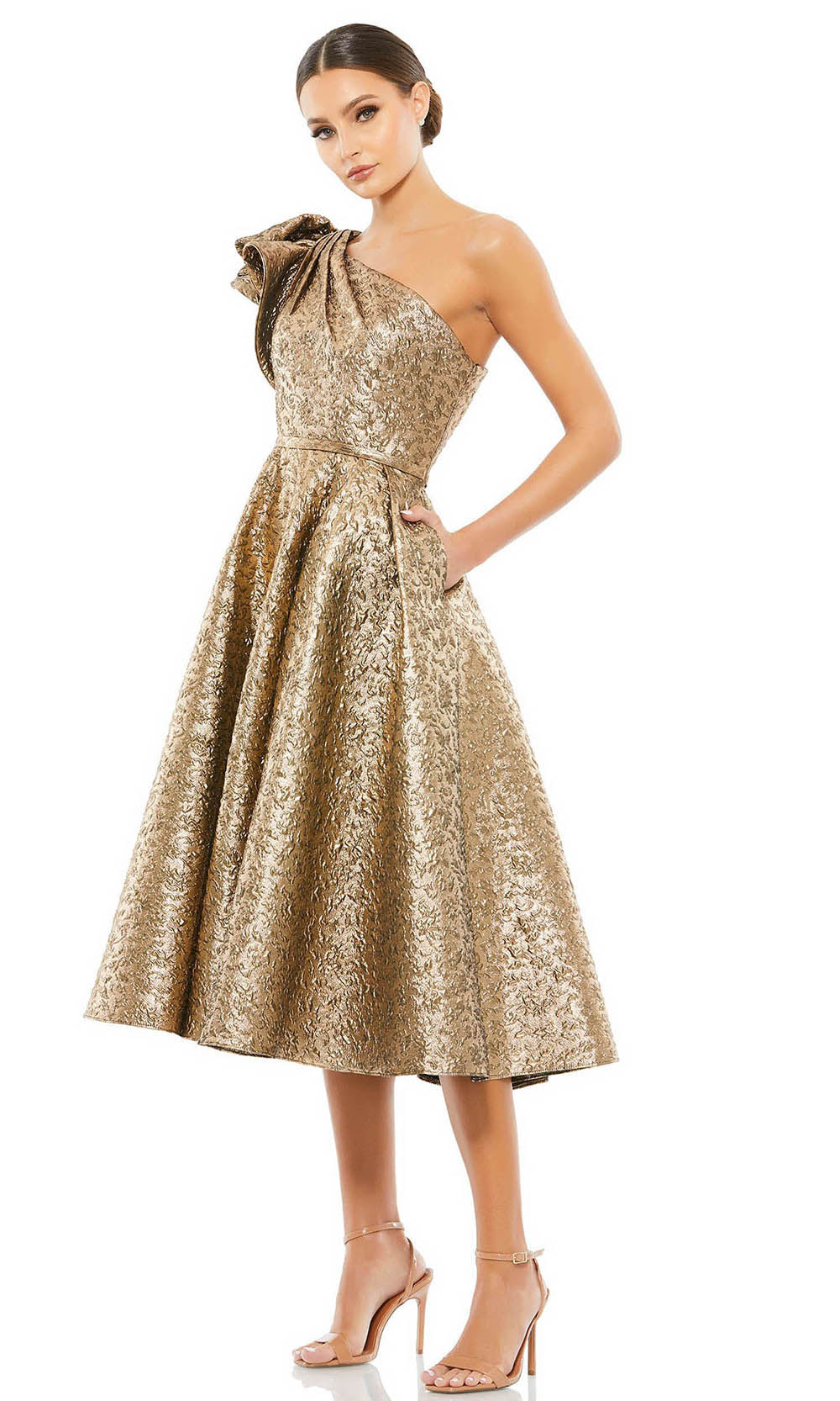 Mac Duggal Cocktail - 67906D Ornate Metallic Brocade Dress In Champagne & Gold