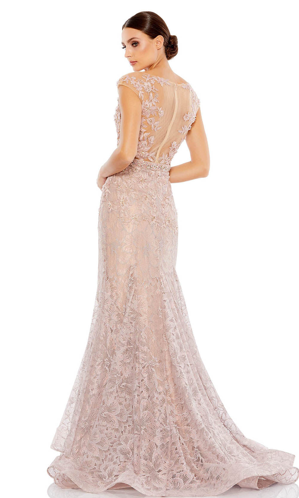 Mac Duggal Evening - 79368D Cap Sleeve Floral Lace Illusion Gown In Neutral